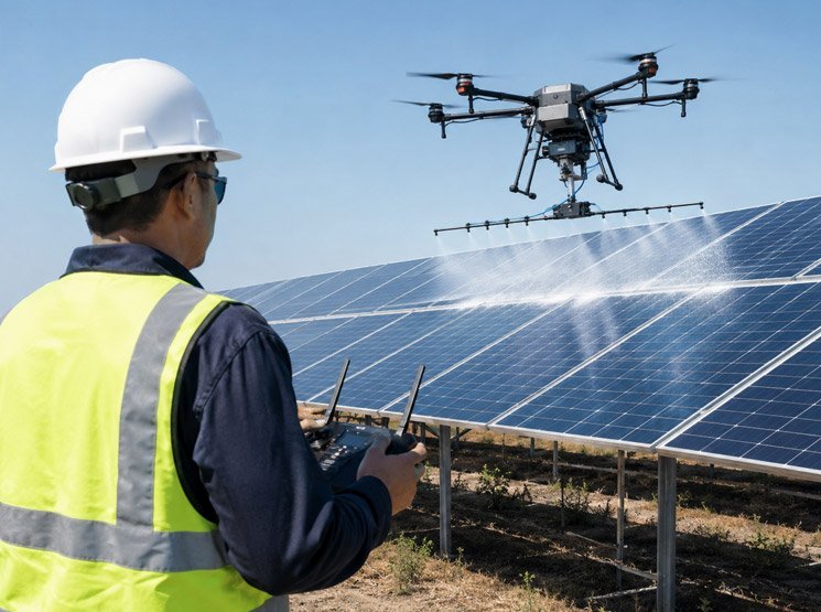 Limpieza de fachadas con drones para edificios y superficies verticales en España Revisión de paneles solares con drones en España