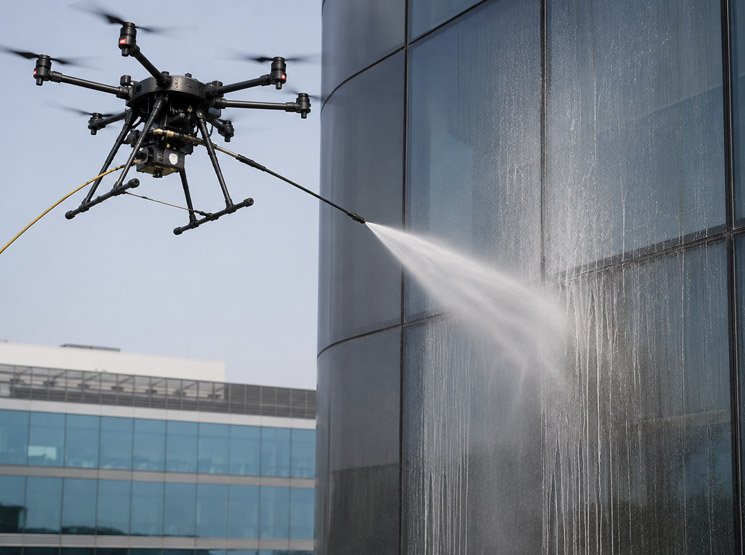 Limpieza con cáscara de nuez mediante drones para piedra natural en España Limpieza de fachadas industriales con drones en España